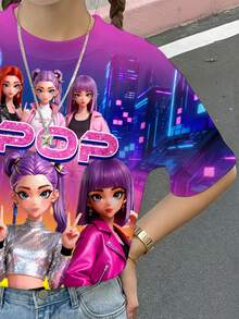 Áo thun ngắn tay cổ tròn, kiểu dáng thường ngày, màu neon rực rỡ, in hình hoạt hình cô gái K-POP ( ) dành cho bé gái tuổi teen, thích hợp mặc hàng ngày vào mùa xuân/hè, đi chơi, đi học, đi nghỉ mát. - Nhiều màu - Xem 4