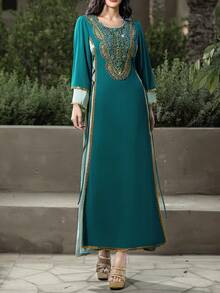 Layrah Chiffon Contrast Color Handmade Rhinestone Decorated Arabian Robe With Headscarf Formal Elegant Party Uxury Evening Dresses Wedding Party Dress Turquoise Teal Dresses For Women - Multicolor - View 8