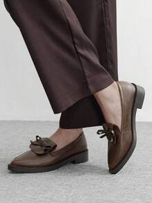 CUCCOO BIZCHIC Women's Brown Pointed Toe Loafers With Bow Decor, Comfortable Slip-On Thick Sole Casual/Work Shoes Valentine's Day - Coffee Brown - View 3
