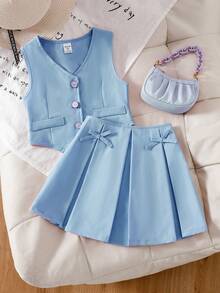Elladie kids 两件套复古西装背心和百褶裙套装，休闲优雅设计，适合年轻女孩 - 淺藍色 - 查看 3