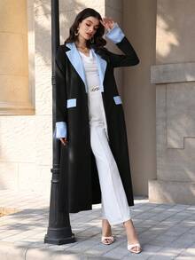 Yasmyna Women's Spring/Summer Black Twill & Blue Striped Faux Pocket Elegant Arabic Abaya Robe - Black - View 5