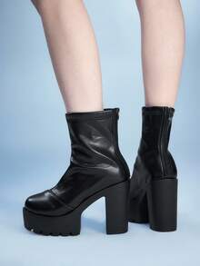 Sugerpunk Women's Thick Sole Zipper Design Casual High Heel Ankle Boots For Daily Wear