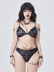 ROMWE Goth 女士夏季沙滩蝙蝠印花性感比基尼泳装套装 - 黑色 - 查看 7