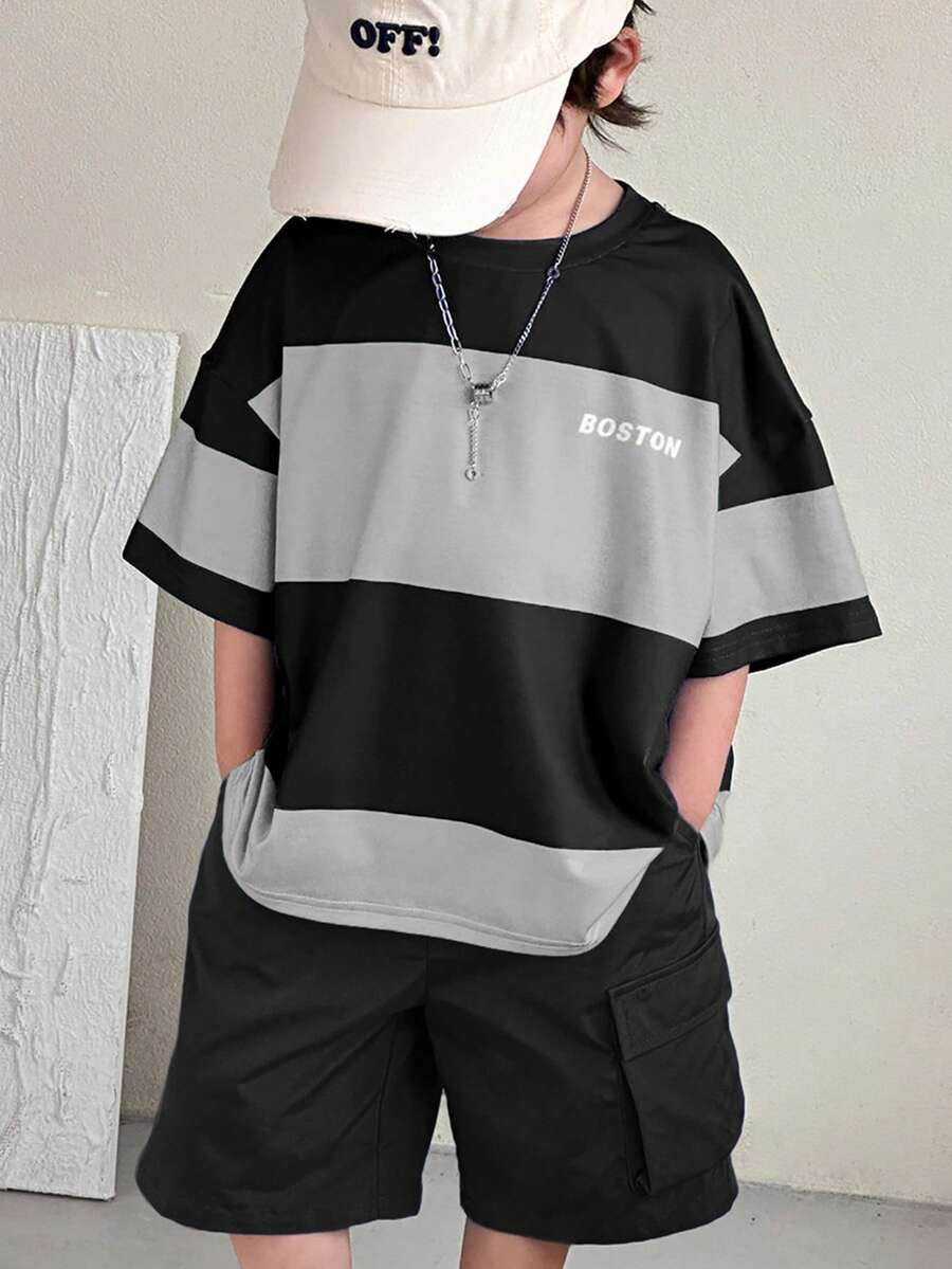 SHEIN 2pcs Young Boys' Fashion Casual Comfortable Summer Set,Patchwork Contrast Color Round Neck T-Shirt And Loose Cargo Shorts,Suitable For Daily Sports - Grey - View 1