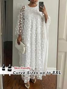 SHEIN CURVE+ 女士大码优雅礼服，适合春、夏、秋、冬各季节的派对、婚礼、鸡尾酒会、音乐会/音乐节等场合。白色针织/梭织大圆领飘逸长袖，可定制大码尺寸。 - 白色 - 查看 1