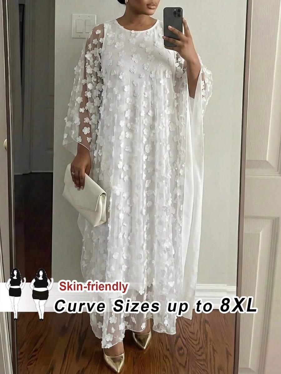 SHEIN CURVE+ 女士大码优雅礼服，适合春、夏、秋、冬各季节的派对、婚礼、鸡尾酒会、音乐会/音乐节等场合。白色针织/梭织大圆领飘逸长袖，可定制大码尺寸。 - 白色 - 查看 1