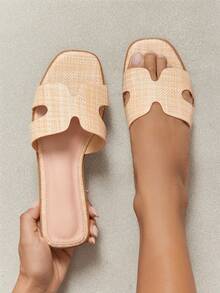 SHUZIA Sandales plates en raphia pour femmes, polyvalentes pour l'été - Kaki - Voir 2