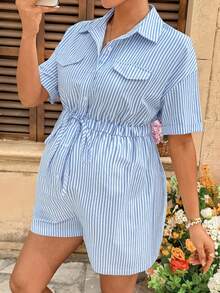 SHEIN 孕妇条纹纽扣系腰休闲日常连体衣 - 藍白色 - 查看 4
