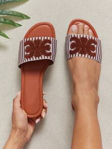 SHUZIA Women's Elegant Embroidery Upper Slip-On Flat Sandals - Beige - View 2