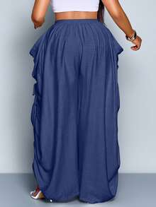 SOLERSUN 大码女式纯色褶皱抽绳腰休闲宽松阔腿裤，款式多样，时尚感十足，配有大口袋，简约百搭，适合音乐会、圣诞节、万圣节、新年、浪漫约会、日常穿着，适合秋季、冬季及所有季节。 - 藏蓝色 - 查看 2