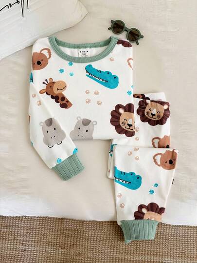 SHEIN 2pcs Baby Boy/Girl Cute Animal Print Ribbed Crew Neck Long Sleeve Top And Soft Comfortable Snug Fit Pants Pajama Set, Suitable For Christmas, New Year Baby Boy Pajama Set