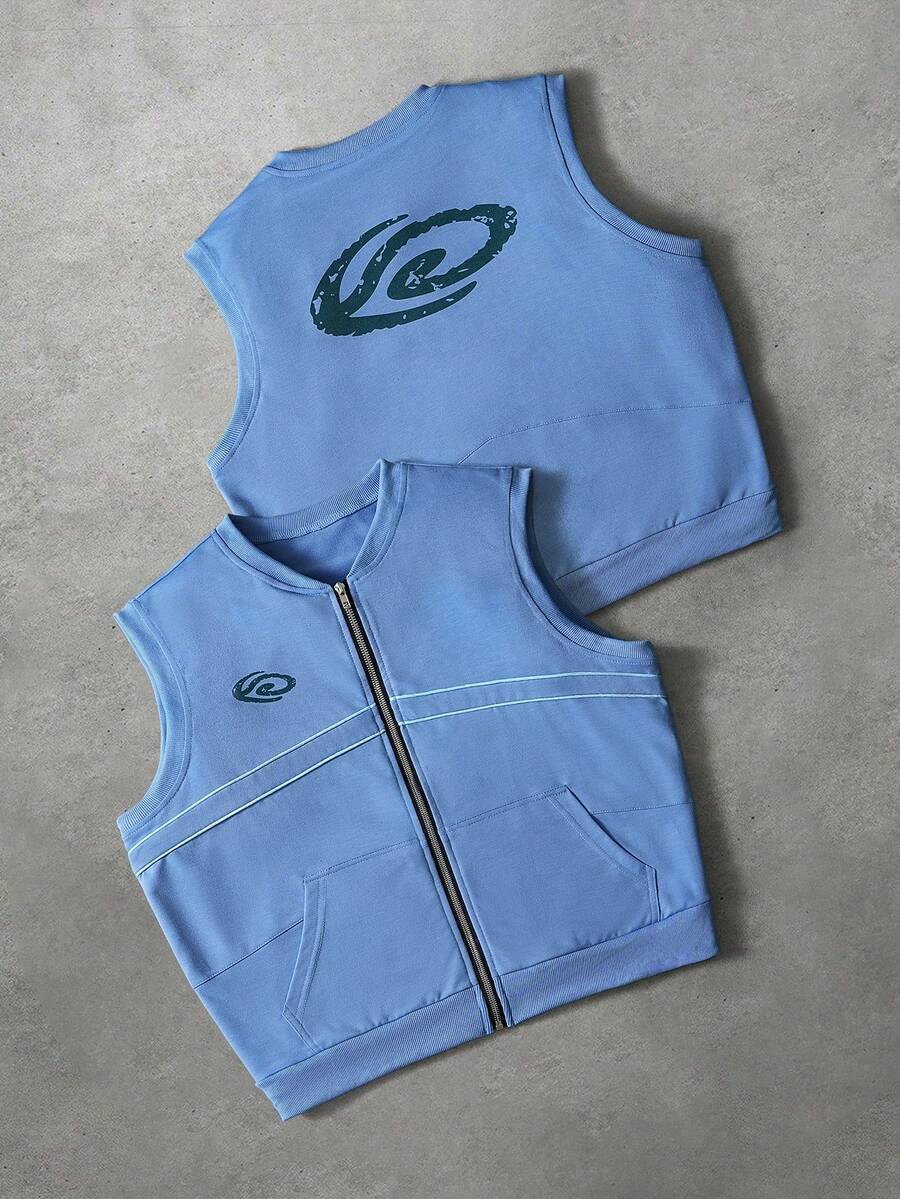 Manfinity Hypemode 男士几何印花拉链门襟休闲圆领背心，情人节、春夏、送男友礼物、狂欢节、复古、街头风、派对、圣帕特里克节、外出、男士圆领背心 - 藍色 - 查看 1