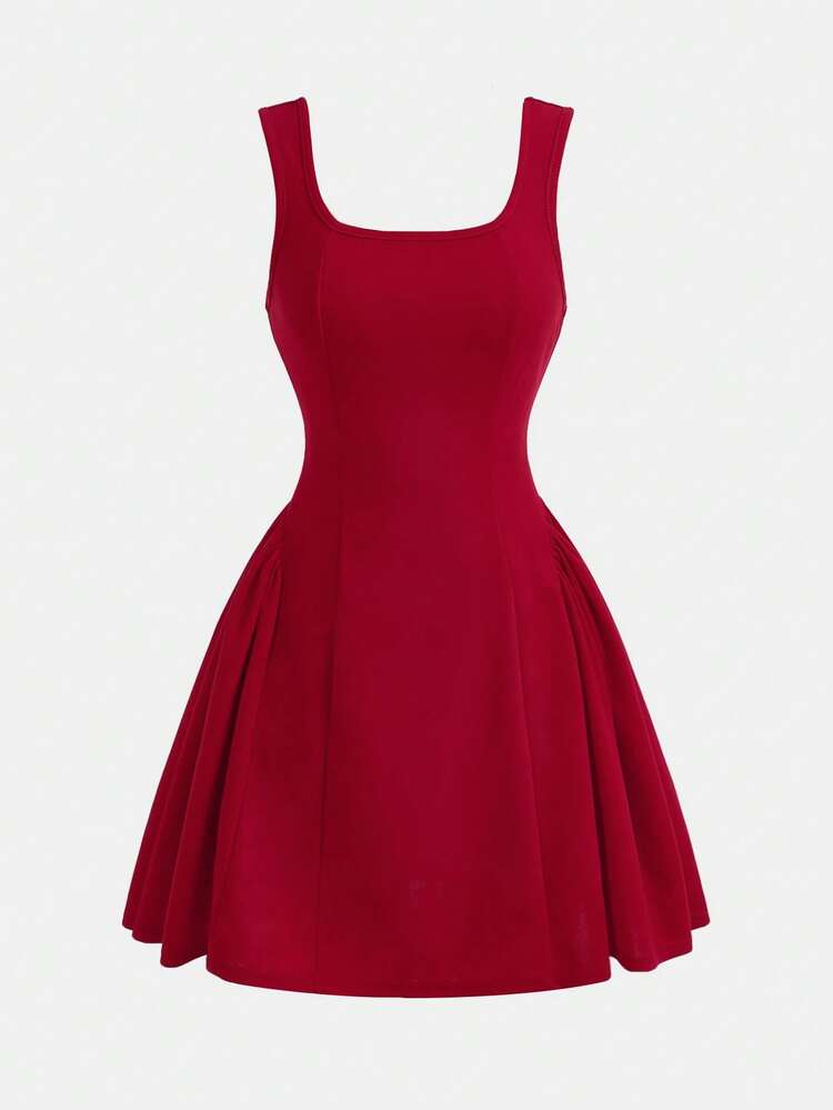SHEIN Robe rouge élégante et mignonne pour adolescente avec encolure carrée, coupe évasée et grand nœud dans le dos - Rouge - Voir 5