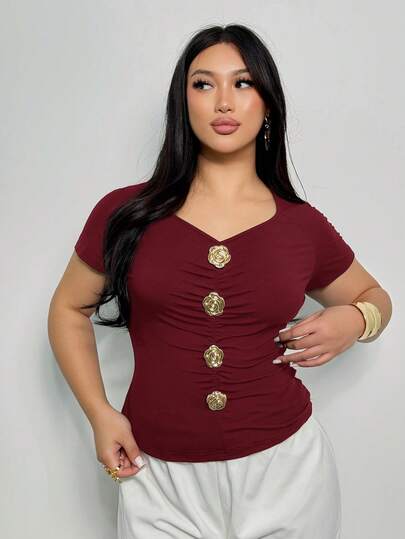 Firerie Plus Size Women Elegant French Fitted Short Sleeve T-Shirt With Metal Rose Button Handmade Stitching, Comfortable Casual For Spring/Summer