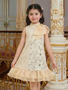SHEIN Young Girl Elegant Big Bowknot Decor Ruffle Hem Sleeveless A-Line Lace Dress, Gorgeous Princess, - Champagne - View 3
