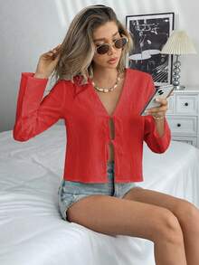 Pariaura （100% 棉）纯色系带落肩衬衫，假日纯色梭织宽松常规女式衬衫，喇叭袖 - 紅色 - 查看 6