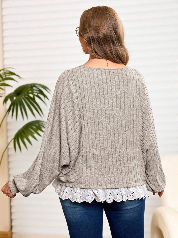Plus Size Casual Lace Trim Batwing Sleeve Sweatshirt, Spring/Autumn/Vacation