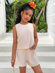 少女杏色休闲日常圆领纹理面料蝴蝶结露背吊带背心和短裤两件套 - 杏色 - 查看 4