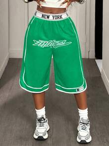 SHEIN PETITE Women's Letter Print Elastic Waist Loose Casual Shorts - Green - View 6