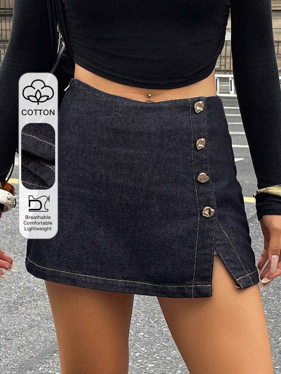 DAZY 女士侧开衩纽扣装饰休闲优雅牛仔裙 Y2k - 深色水洗藍 - 查看 1