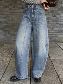 DAZY 女士开衩筒形休闲牛仔裤，都市街头风 - 中等水洗藍 - 查看 4