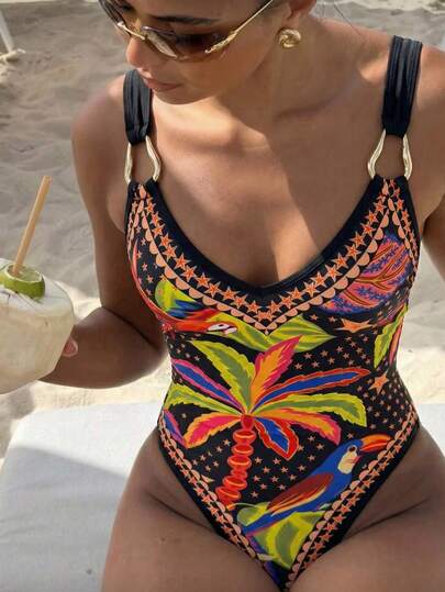 Bonvoyette 女士优雅高端热带鹦鹉彩色棕榈印花连体泳衣，金属扣肩带，复古异域风情，时尚海岛度假之选