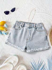 Shorts vaqueros casuales para niñas preadolescentes con diseño de bolsillo con forma de corazón, shorts de jeans lavados de moda - Azul - Ver 2