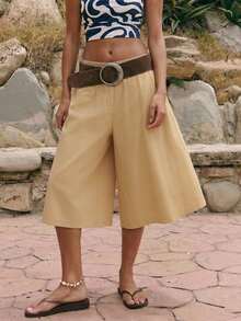 Xyvia 女士卡其色纯色顺滑面料轻盈抽绳腰超宽松长裤，带侧袋，休闲度假风，适合情人节、劳动节、复活节、旅行、街头穿搭、西式风格、春季短裤、春季七分裤、夏季短裤、夏季七分裤，新款春夏必备时尚小众设计百搭宽松七分短裤 - 卡其色 - 查看 6