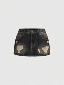 ROMWE Vintage Ombre Washed Super Low Waist Distressed Mini Denim Skirt - Blue - View 1