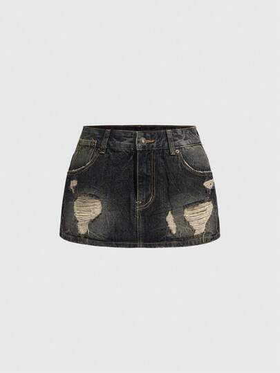ROMWE Grunge Punk Vintage Ombre Washed Super Low Waist Distressed Mini Denim Skirt