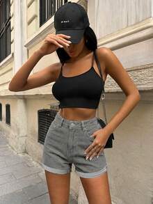 EURMUSE 98Cotton Roll Up Hem Denim Shorts For Summer Swimming Pastal Sexy - Dark Grey - View 3