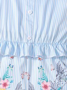 SHEIN Sparklyn 1 pieza Mono con estampado, manga corta, volantes en el bajo, diseño de botones falsos, color azul y blanco, adecuado para viajes, vacaciones o ropa de playa, primavera/verano - Azul - Ver 4