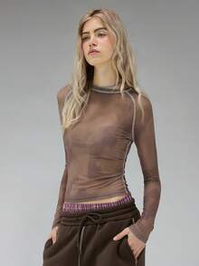 COUREZ 长袖印花迷彩网眼上衣 / Y2K 长袖上衣 外出上衣 女式上衣 冬季女装 BrownTop 印花T恤 女士性感可爱上衣 夏季上衣 夏季穿搭 - 咖啡棕 - 查看 5