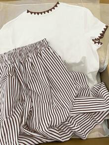 Resyla Women's Casual Vacation & Commute Rhinestone Bow Print Contrast Stitch Ringer Short Sleeve T-Shirt And Striped Drawstring Waist Long Pants Set, Spring/Summer/Autumn - White - View 2