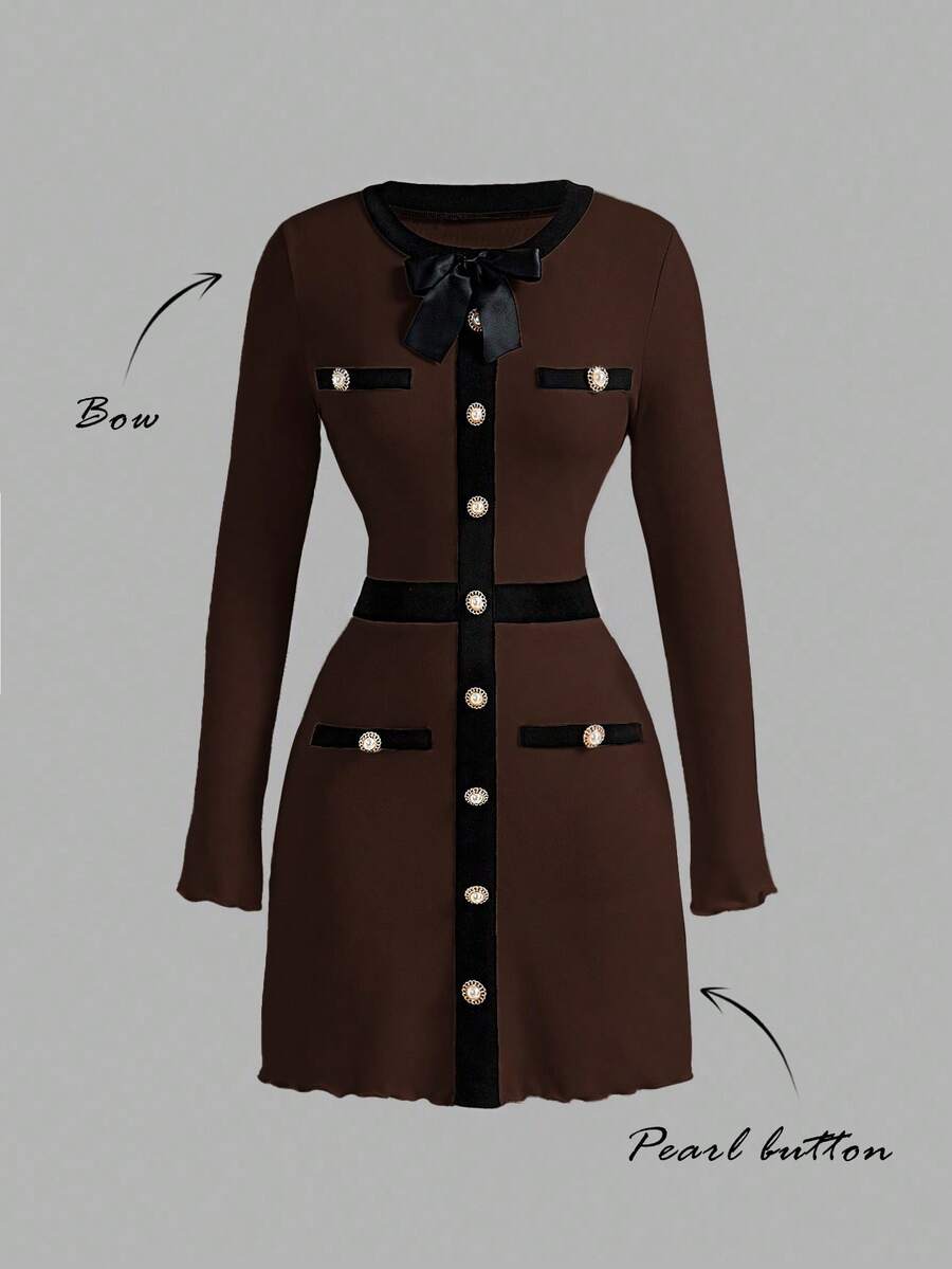 SHEIN MOD Women's Elegant Dark Brown Autumn Dress,Contrast Trim Pearl Button Decor Bow Tie Waist Fitted Long Sleeve Coffee Brown Tea Party Dresses For Women - Coffee Brown - View 1