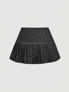 SHEIN MOD Women's Black And White Polka Dot Pleated Hem A-Line Skirt,Cute Back-To-School School Style For Autumn,Lining In Shorts,Phone Pocket,Tea Party Skirt - Black and White - View 3