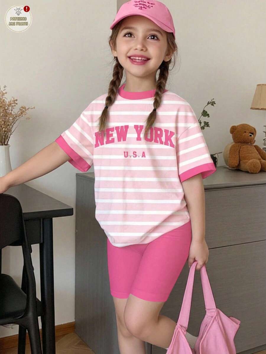 两件套女童休闲蓝条纹套装,饰有“NEW YORK”图案,搭配粉色撞色上衣和短裤,返校季学院风短袖上衣和短裤,可爱夏日装扮 - 彩色 - 查看 1