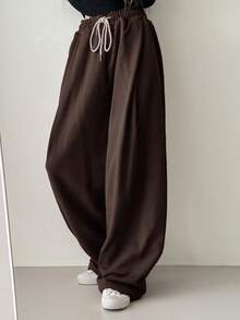 DAZY 女士宽松弹力腰抽绳街头风运动裤，休闲运动，四季皆宜 - 鏽棕色 - 查看 6