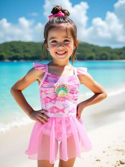 Young Girl Summer Vacation Beach Fish Print Ruffle Mesh One-Piece Swimsuit