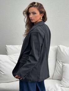 Jeta Ari 女士条纹印花休闲长袖西装外套复古风格商务休闲女装秋装 - 灰色 - 查看 2