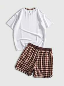 ROMWE MEN Essentials 男士撞色滚边圆领短袖T恤和菱格纹抽绳腰短裤休闲套装 - 白色 - 查看 2