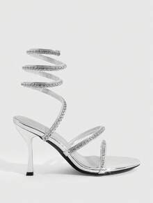 CUCCOO SZL Women's Rhinestone Embellished Wrap-Around Glamorous High Heel Party Sandals - Silver - View 2