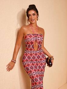 JIAN LASALA Rochie maxi mulată cu imprimeu integral din plasă, decolteu halter, fără mâneci, bustier, decupat, pentru femei - Multicolor - Vizualizare 8