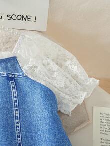 SHEIN Elladie kids Youth Girl Everyday Casual Short A Line Dress Blue Imitation Denim Print Colorblock With Round Neck Short Puff Sleeve Button Front - Blue - View 4