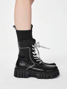 ROMWE Grunge Punk Versátil y de moda, con suela gruesa y cordones, de manga corta - Negro - Ver 4