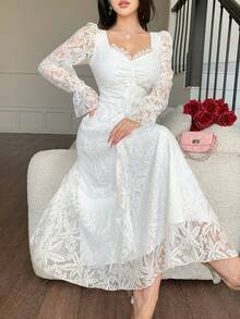 DAZY Đầm ren xếp ly tay phồng, eo thon, dài ngang gối cho nữ, đầm dự tiệc cưới, đầm hè cho nữ. - Màu be - Xem 4