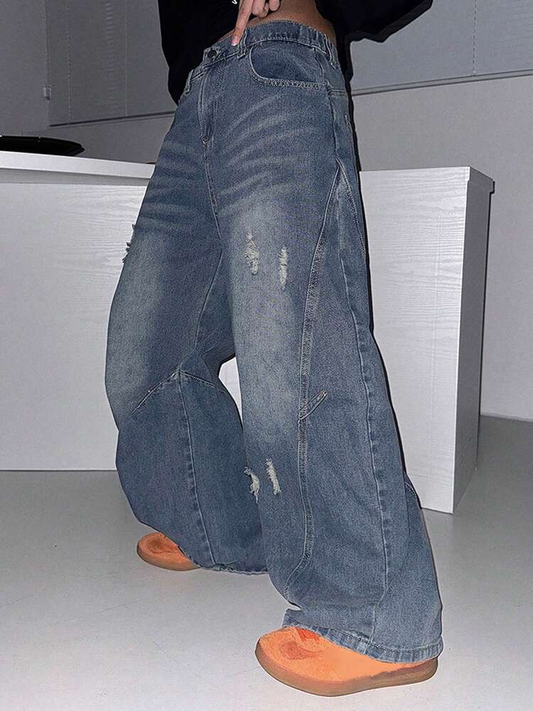 Vintage American Distressed Flared Jeans For Women, Casual Loose Straight Leg Design Y2k