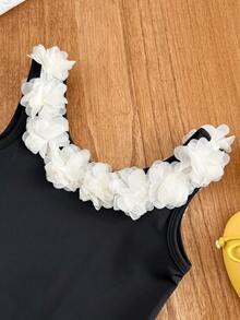 Emery Rose Kids Emery Rose Kids 女童针织黑白撞色花卉3D蝴蝶结泳衣，春夏款 - 黑與白 - 查看 5