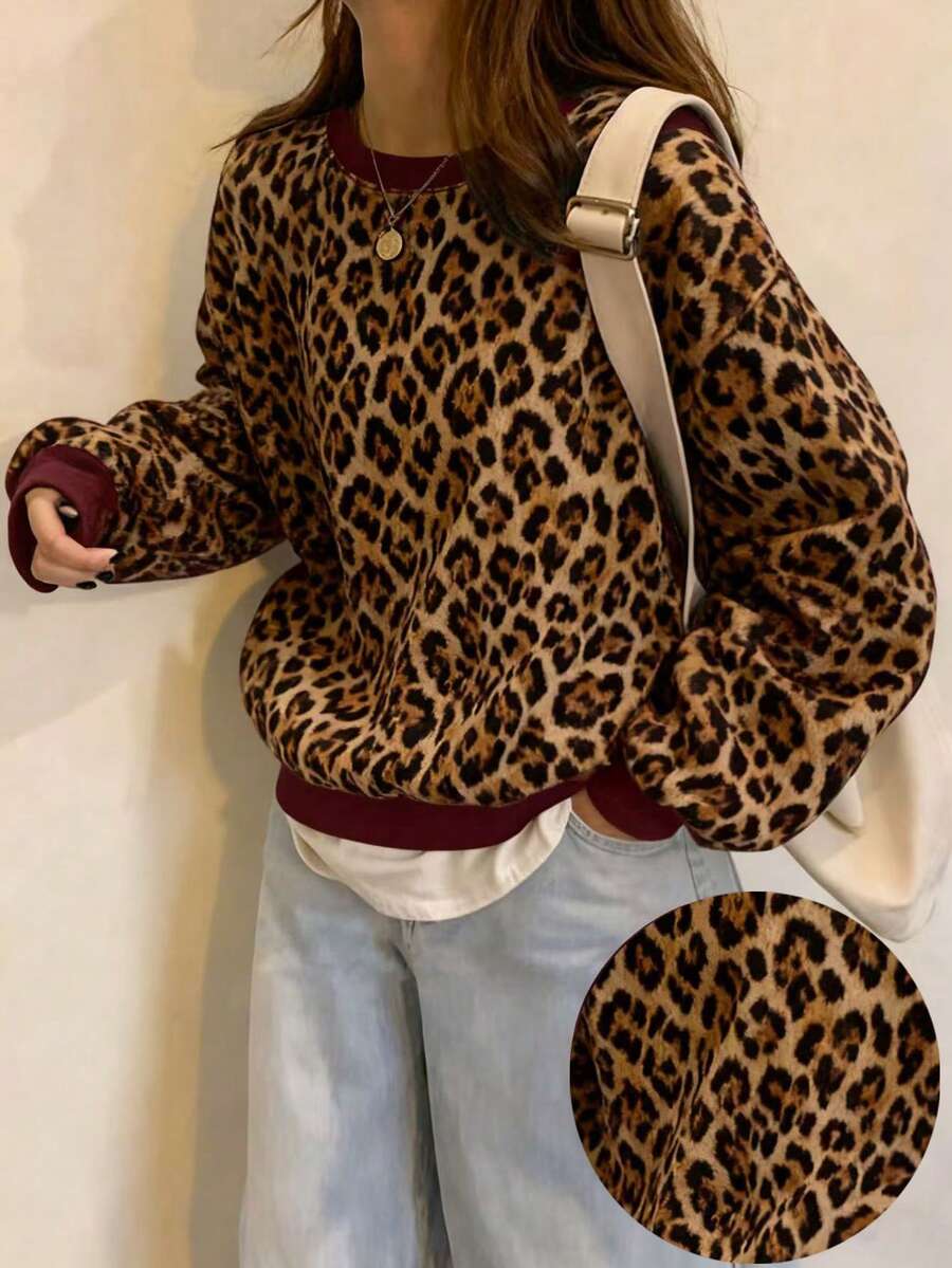 INAWLY 豹纹圆领休闲百搭长袖套头卫衣，女士款，情人节 - 紅色 - 查看 1