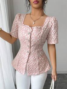 Elenzga Áo kiểu nữ lãng mạn, thanh lịch kiểu Sicilia, thích hợp mặc đi làm, đi nghỉ mát, dự tiệc trà chiều hoặc ngày Valentine, chất liệu vải jacquard màu hồng trơn, cổ vuông, viền bèo nhún, kiểu dáng mở phía trước, cài cúc ngọc trai, eo xòe, tay ngắn. - Hồng - Xem 3